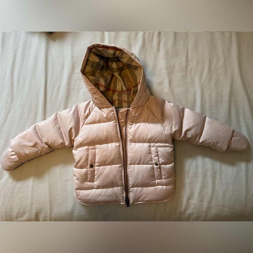 Baby Burberry winter jacket with pop on gloves and hood in pale pink.